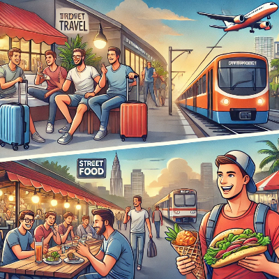 저렴한 숙소(호스텔), 대중교통(기차/버스), 가성비 좋은 스트리트 푸드 마켓을 이용하는 이미지