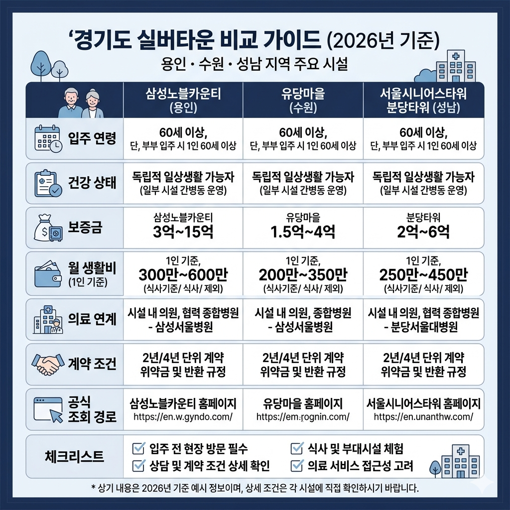 경기도 실버타운 용인&middot;성남&middot;수원 주요 시설, 입주조건, 비용 확인법 인포그래픽
