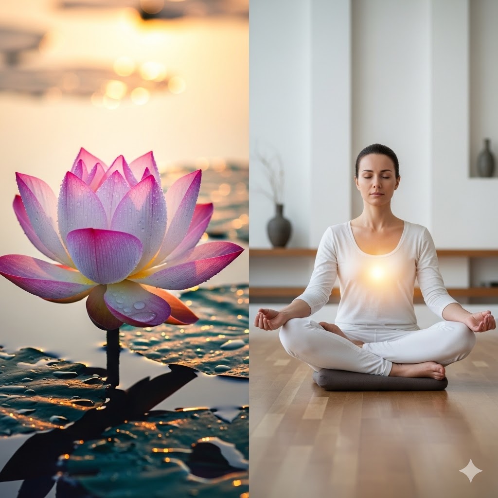 새벽 안개 속 평온한 연꽃과 명상하는 사람의 1컷 감성 일러스트 (Mindfulness 365 Intro)