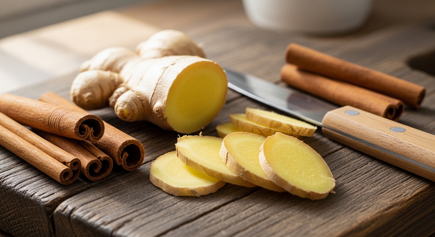 신선한 생강과 계피 스틱이 놓인 나무 도마 위, 생강차 재료 준비 모습.