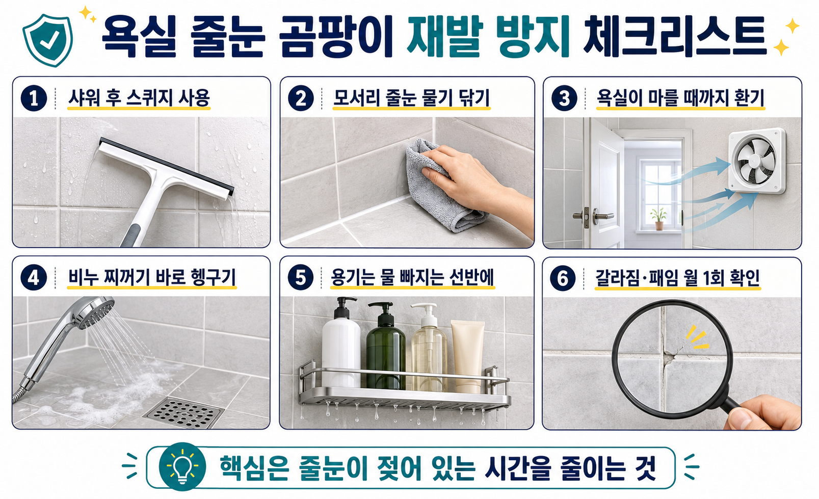 욕실 줄눈 곰팡이 재발 방지를 위한 환기와 물기 제거 체크리스트
