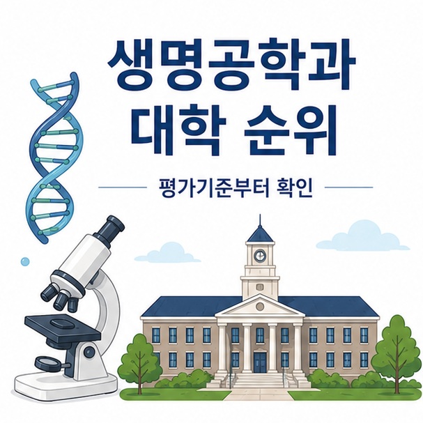 DNA와 현미경, 대학 건물을 함께 배치해 생명공학과 대학 순위를 볼 때 평가기준을 먼저 확인해야 한다는 내용을 표현한 대표 이미지