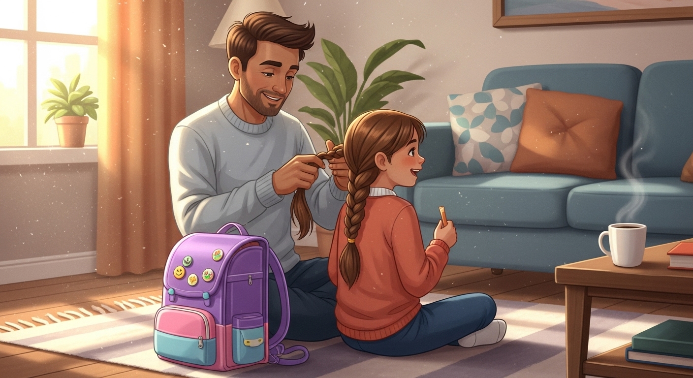 아침 시간 여유롭게 딸의 머리를 땋아주는 아빠의 모습