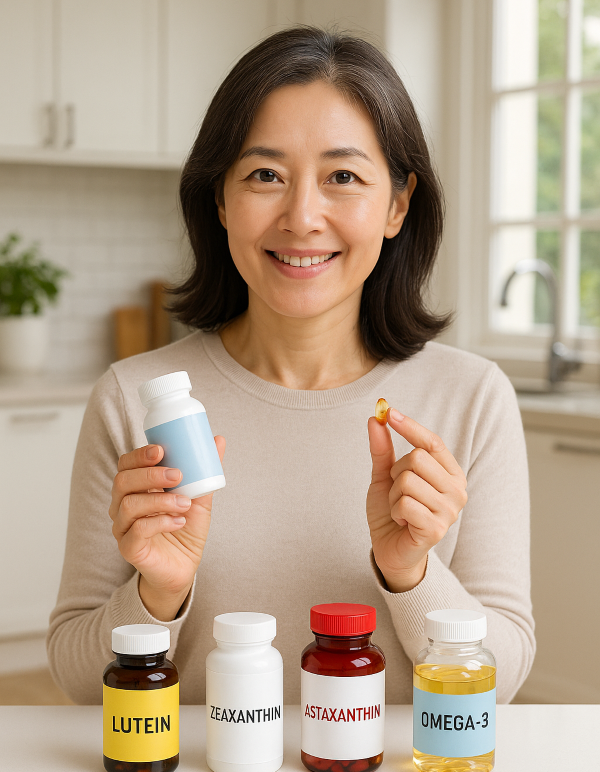 눈 건강에 도움이 되는 루테인, 지아잔틴, 아스타잔틴, 오메가3를 챙기는 중년 여성