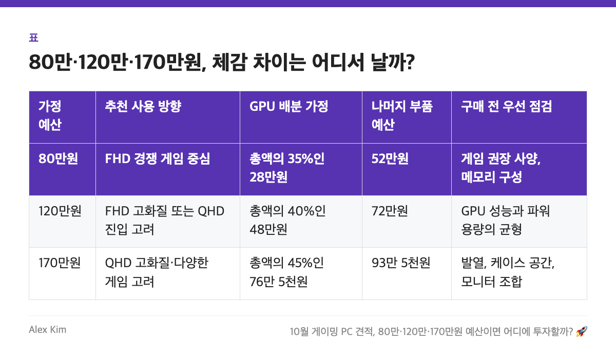 80만&middot;120만&middot;170만원, 체감 차이는 어디서 날까? 표: 가정 예산, 추천 사용 방향, GPU 배분 가정, 나머지 부품 예산, 구매 전 우선 점검