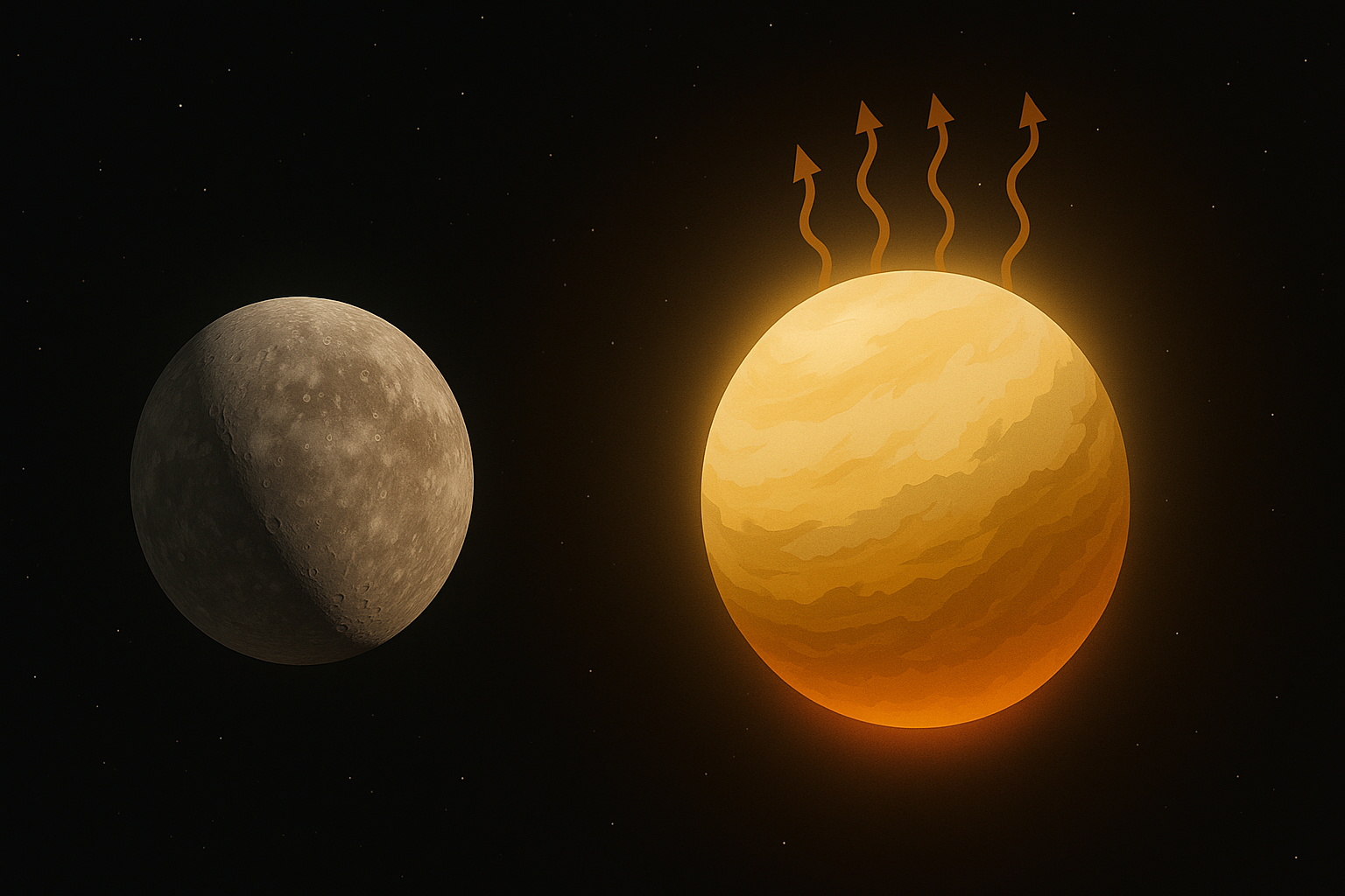 금성의 두꺼운 이산화탄소 대기와 온실효과, 행성 간 비교(수성 vs 금성)