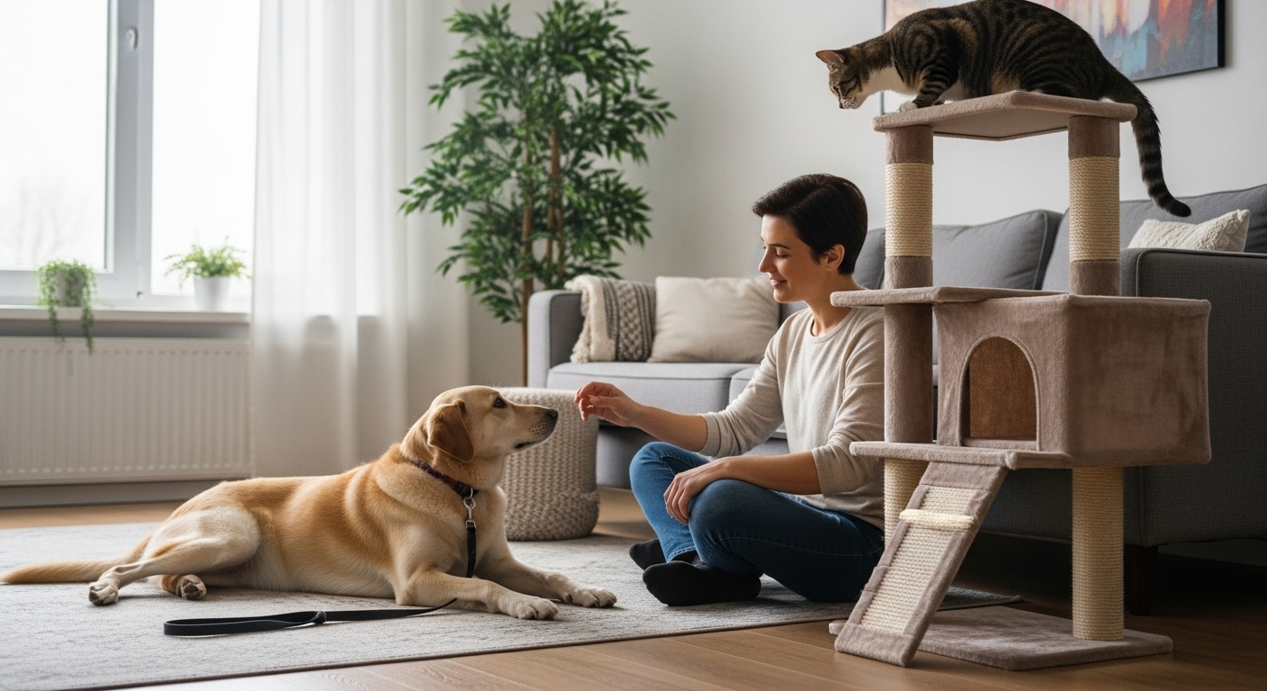 보호자의 감독 하에 거실에서 강아지는 얌전히 앉아있고 고양이는 캣타워 위에서 상대를 지켜보는 모습