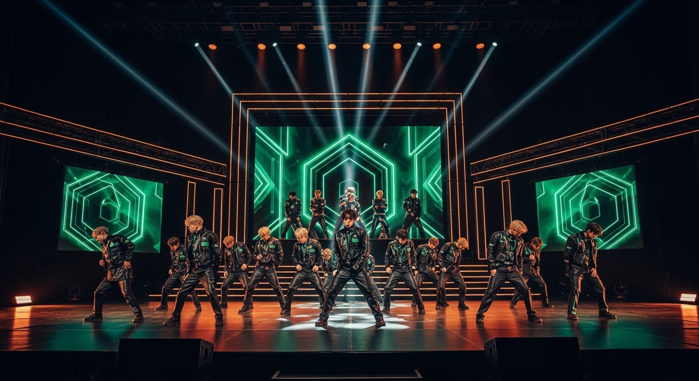 알파드라이브원 멤버들이 'FORMULA' 안무를 완벽하게 소화하는 장면. 정교한 칼군무가 돋보이며, 무대는 역동적인 조명과 그래픽으로 가득하다.