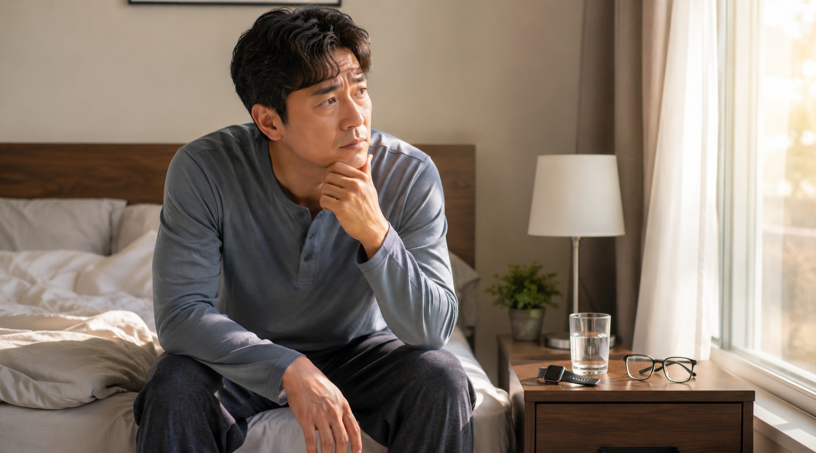 수면무호흡증 고위험군 여부를 고민하며 침대 가장자리에 앉아 생각하는 남성