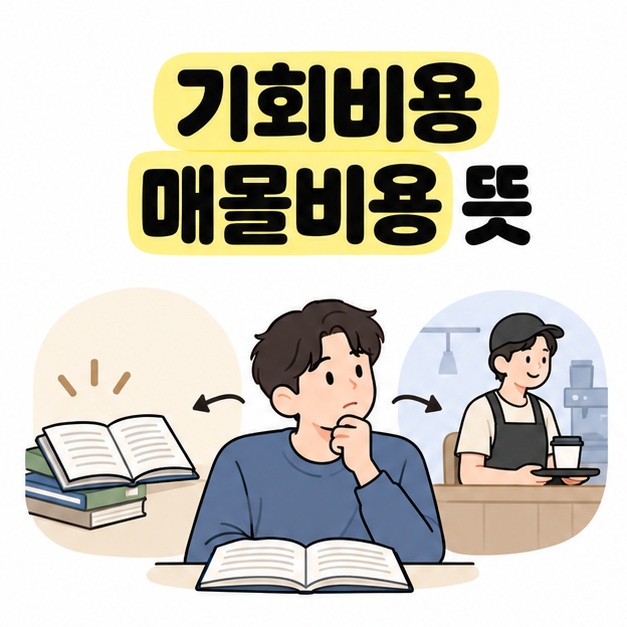 기회비용 매몰비용 뜻이라는 제목 아래 학생이 공부와 카페 아르바이트 사이에서 선택을 고민하는 그림