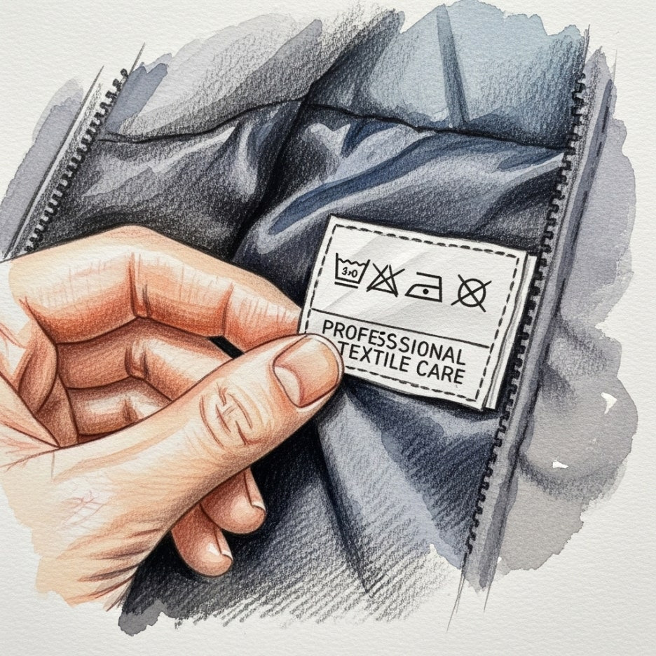 세탁 라벨을 꼼꼼하게 확인하는 모습