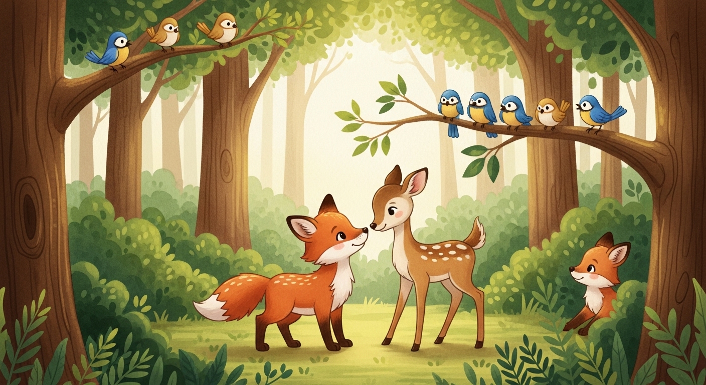 따뜻한 수채화 풍으로 묘사된 숲속 동물들이 자연과 어우러져 평화롭게 살아가는 모습, 에코-프렌들리 일러스트 트렌드를 보여줍니다.