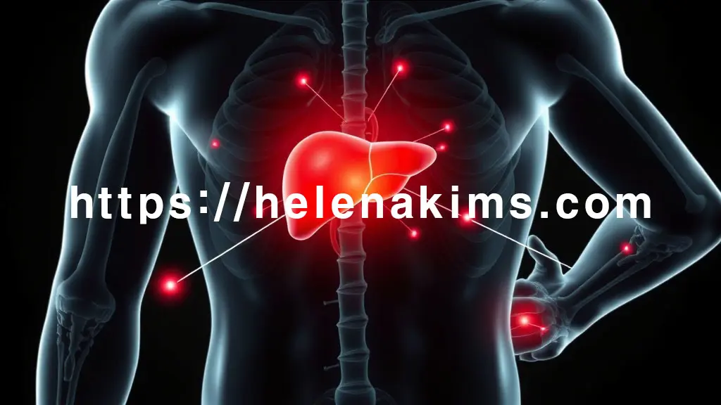 고통을 암시하는 투명한 인체 실루엣의 특정 부위, 이 모든 고통의 증상들이 중앙의 은은하게 빛나는 간으로 향하는 듯한 연결 라인의 이미지.