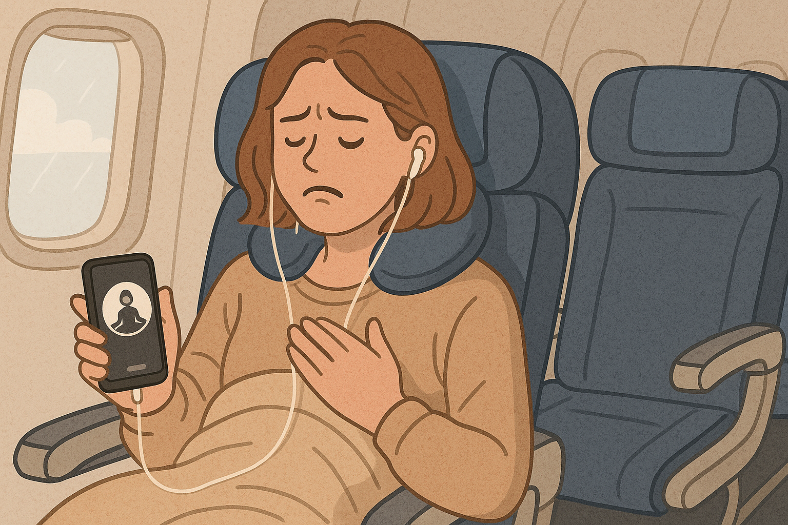 비행기 이코노미석에서 고소공포증이나 폐쇄공포증을 극복하려 애쓰는 승객의 모습을 그린 일러스트 이미지