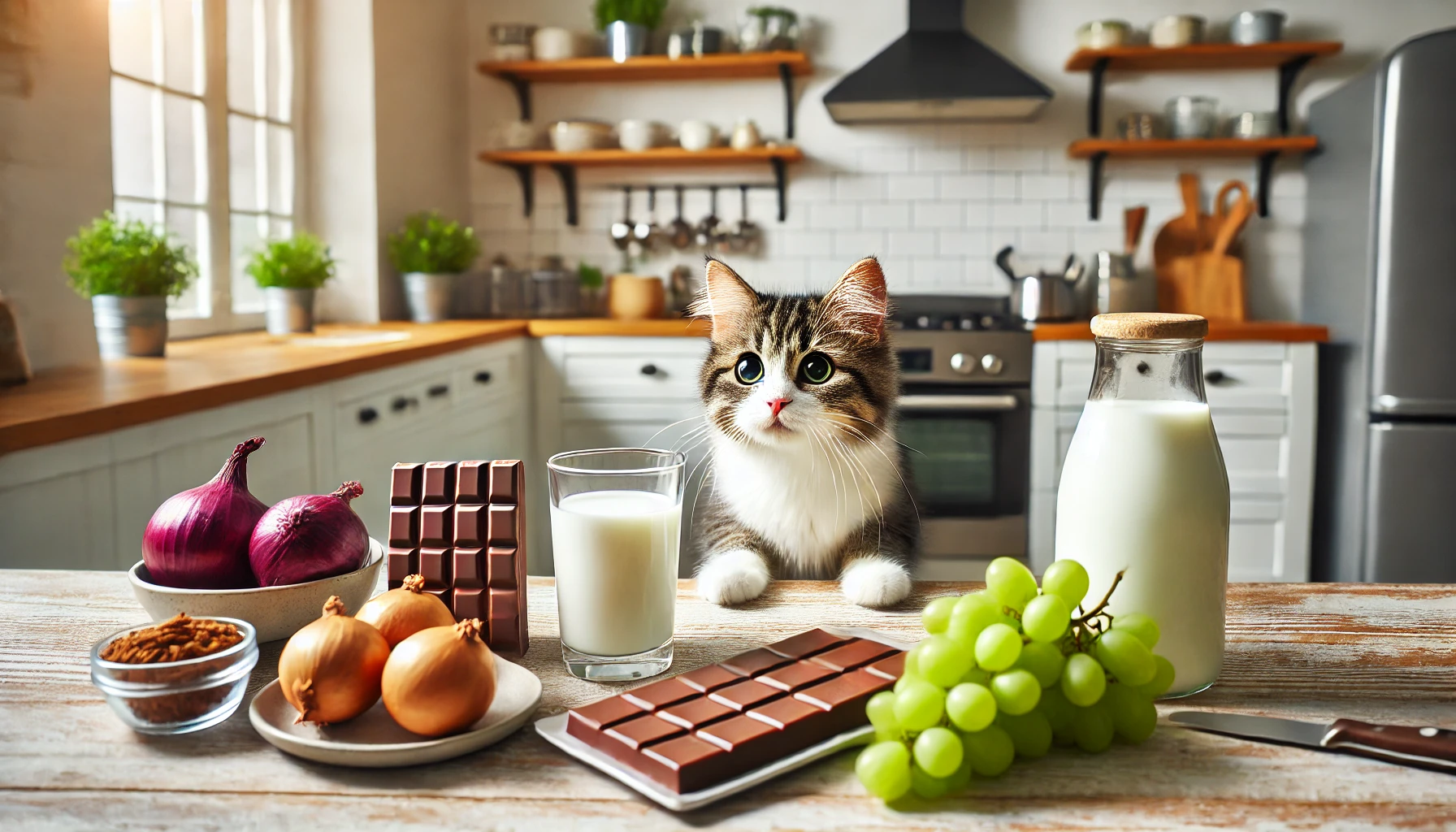 주방 식탁 위에 고양이에게 위험한 음식(초콜릿, 양파, 우유, 생선, 포도 등)이 놓여 있고, 그 앞에서 조심스럽게 바라보는 고양이 모습