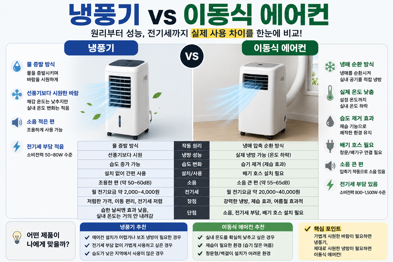 냉풍기 이동식 에어컨 비교 인포그래픽