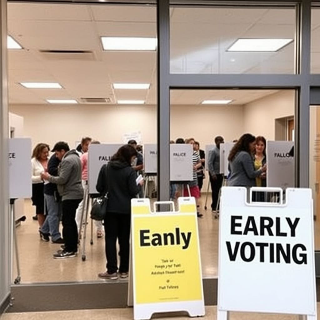 깔끔하고 정돈된 사전투표소 내부 또는 외관을 중심으로, 유권자들이 편리하게 투표에 참여하는 모습을 담습니다. '사전투표' 안내 문구와 함께, 바쁜 일정 속에서도 투표를 마친 후 만족스러운 표정을 짓는 사람들의 모습을 표현하여 사전투표 제도의 장점을 시각적으로 보여줍니다.