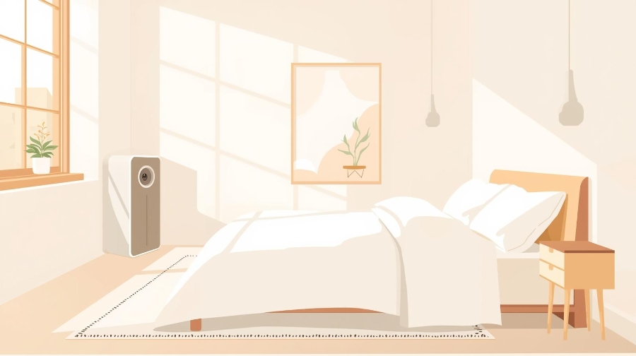 깨끗하게 세탁된 침구와 공기청정기가 있는 알레르기 친화적 침실 모습