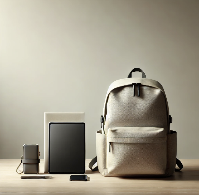 미니멀리즘 여행의 필수품인 가방과 함께 아이패드와 스마트폰이 깔끔하고 단정하게 놓인 모습