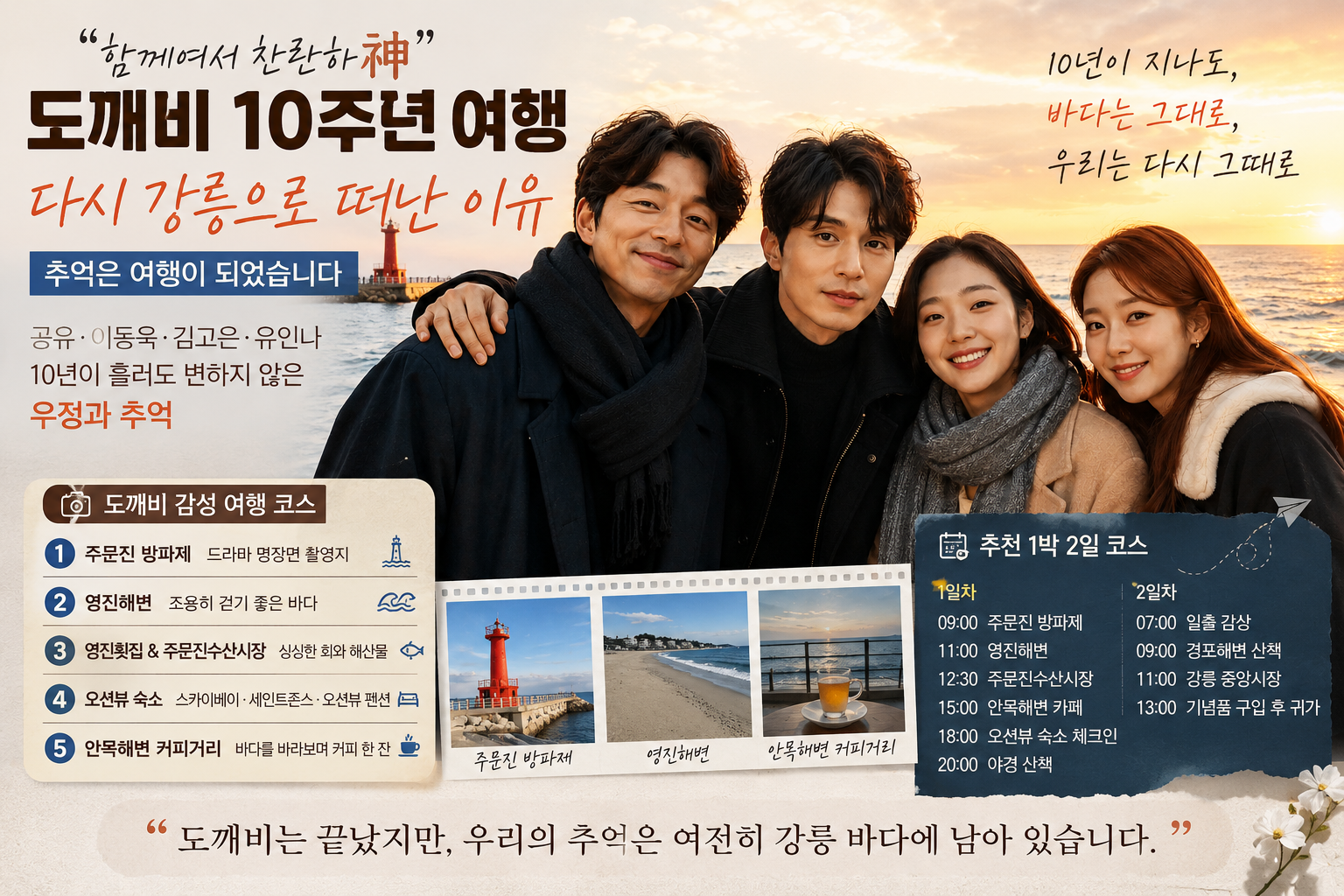 도깨비 10주년 여행 강릉 주문진 방파제 촬영지와 영진해변, 오션뷰 숙소, 영진횟집 여행 코스를 소개하는 대표 이미지