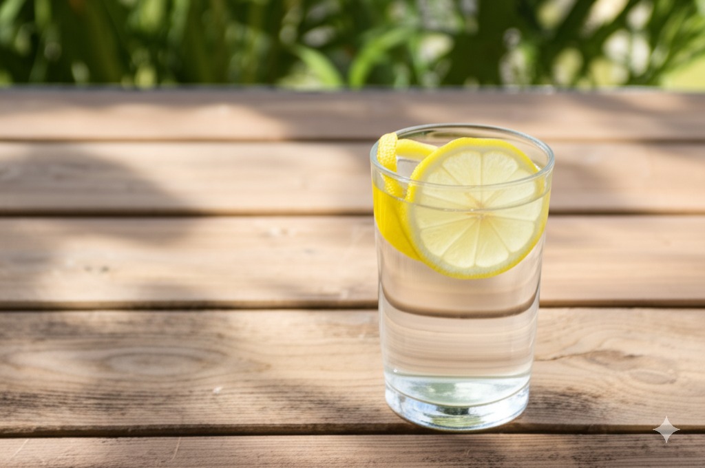 나무 테이블 위에 레몬 한 조각이 담긴 물잔