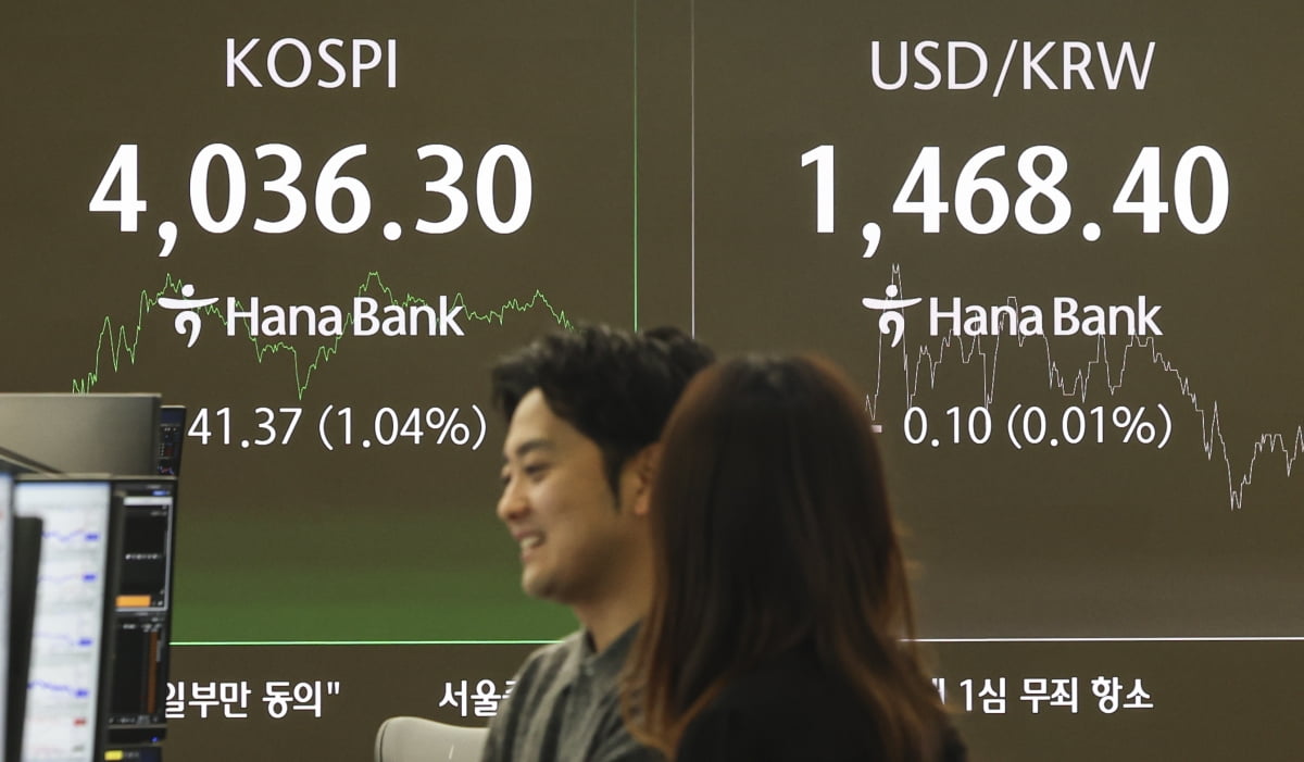 서울 중구 하나은행 본점 딜링룸 전광판에 종가가 표시되고 있다.