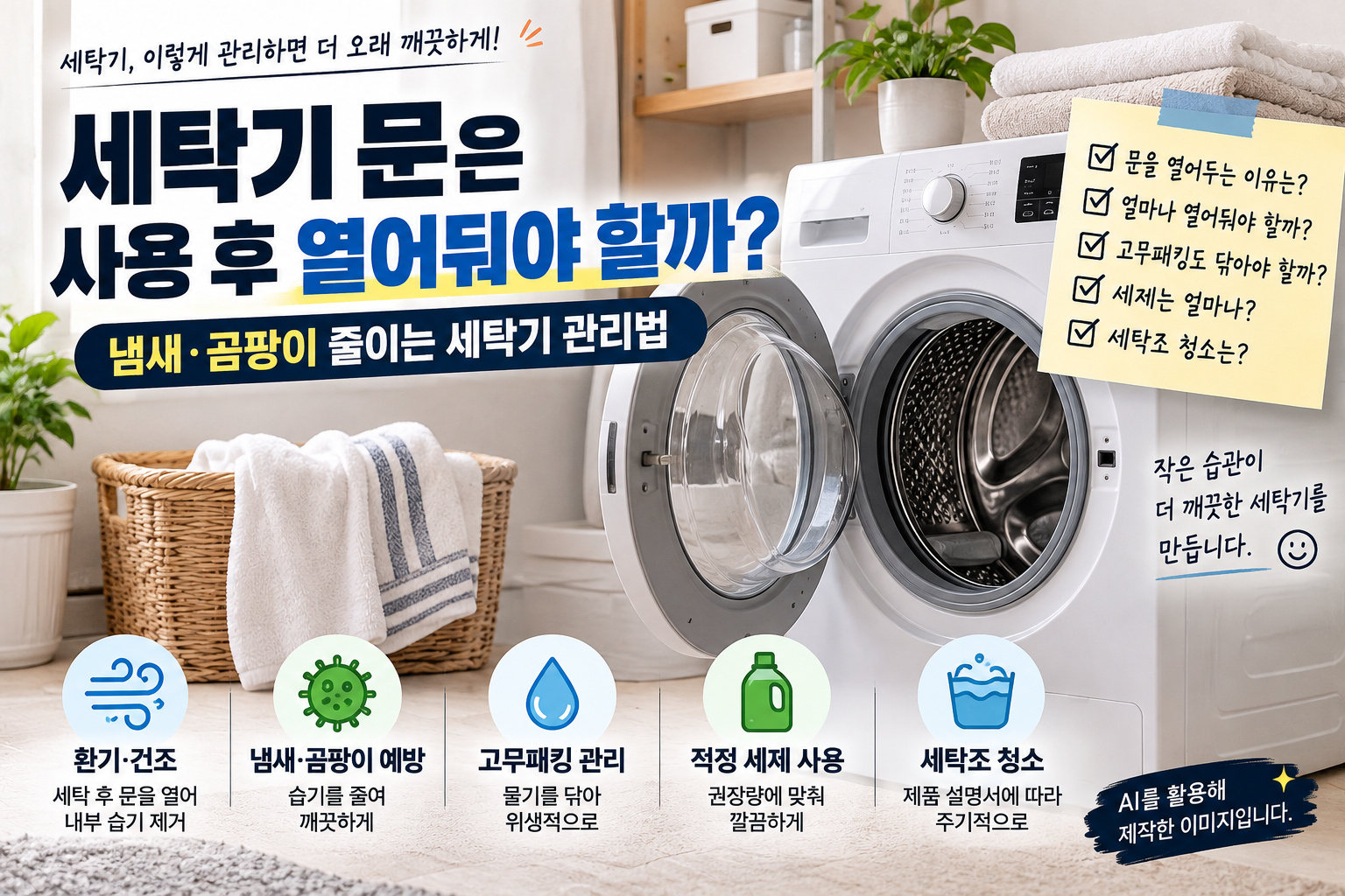세탁기 문 열어두기 드럼세탁기 냄새 곰팡이 세탁조 관리법