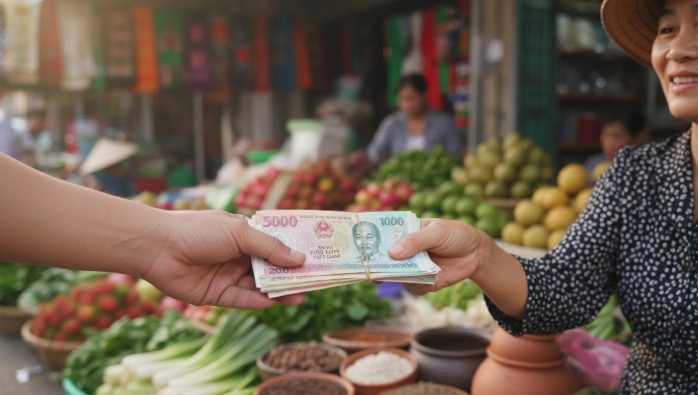베트남 재래시장에서 소액권 베트남 동을 주고받는 모습. 현금 환전 시 소액권 준비의 중요성을 나타냅니다.