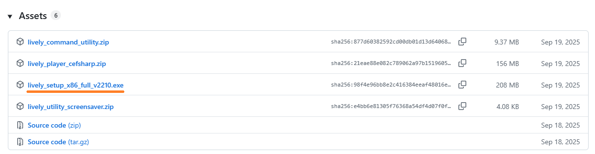 Releases 페이지 — Assets 항목과 .exe 파일 위치 표시