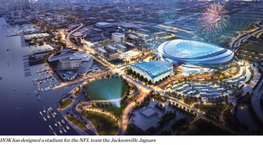 미래의 경기장 HOK designs mirrored "stadium of the future" for Jacksonville Jaguars