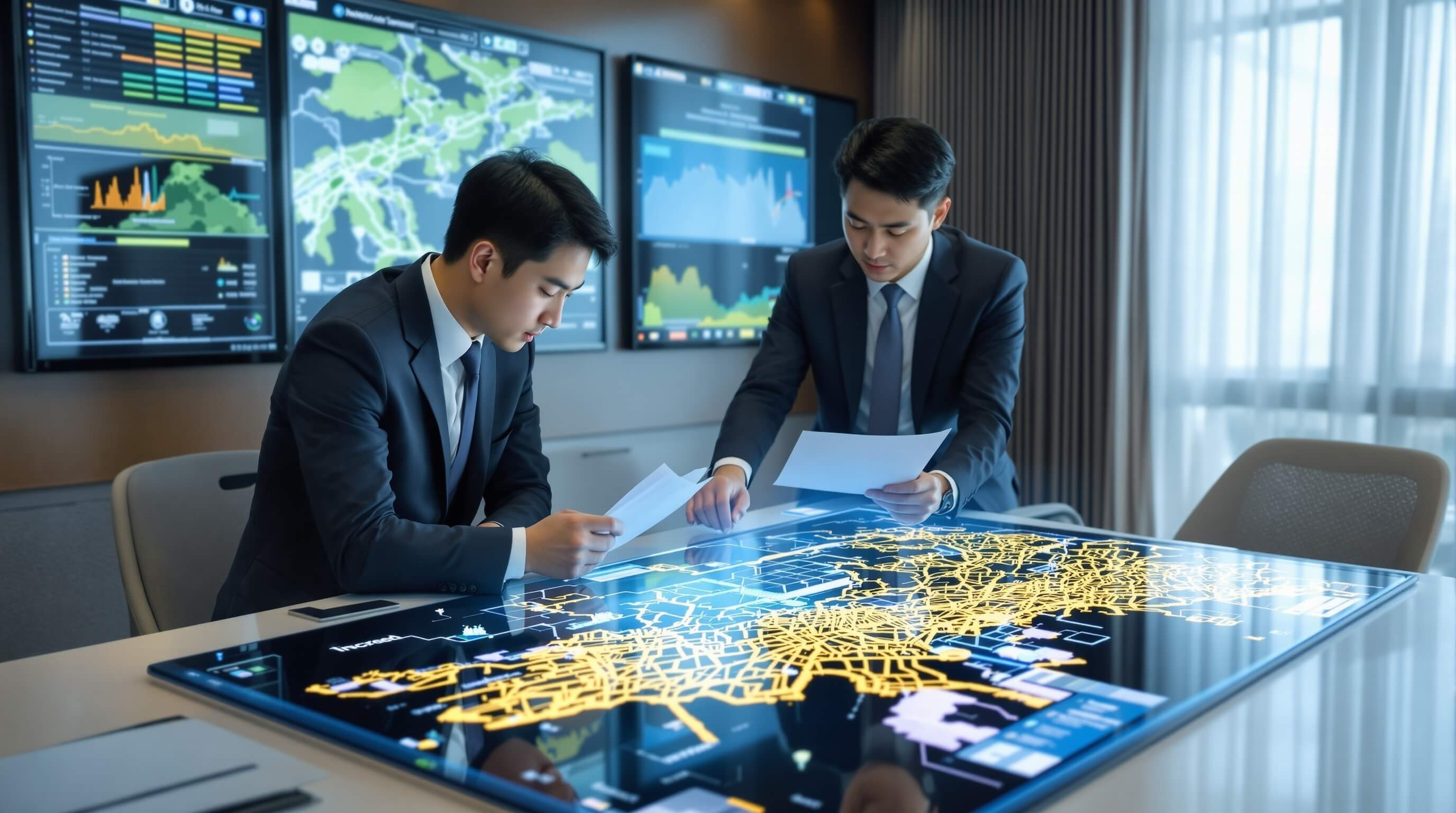 2000년대 토지보상법 통합과 디지털지적 혁명, GIS 기술과 3D 지적도 홀로그램을 검토하는 공무원들, 미래지향적 디지털 전환 이미지