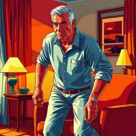 남성 노인이 의자에서 일어나는 모습입니다.