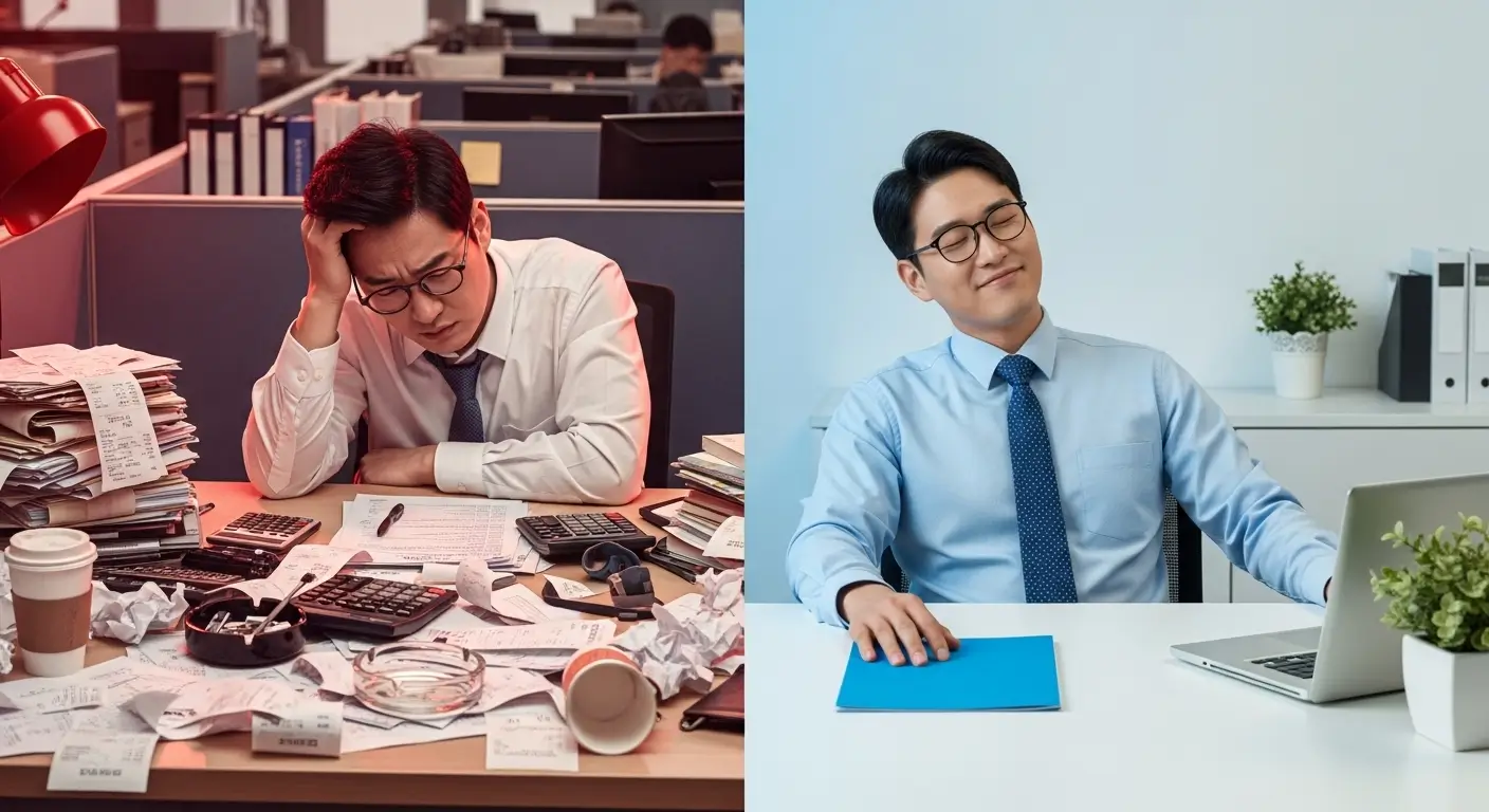 여러 개의 고금리 대출 고지서에 파묻혀 괴로워하는 직장인과 채무통합 후 여유를 찾은 직장인의 비교 모습