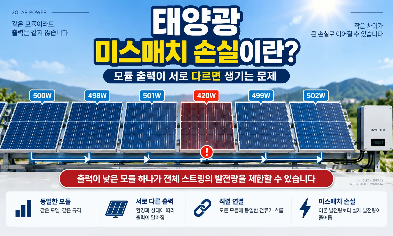 태양광 모듈 출력 차이로 발생하는 미스매치 손실 개념 인포그래픽