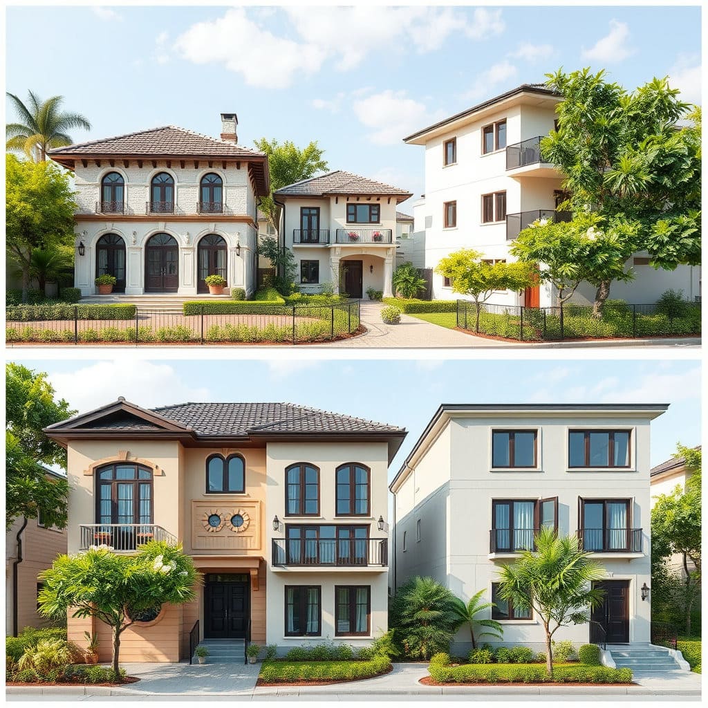 빌라, 다세대 주택, 도시형 생활주택 등 여러 유형의 주택 외관을 함께 배치해 주세요. 각각의 주택은 깨끗하고 관리된 모습으로, 아파트가 아니더라도 충분히 쾌적하고 살기 좋다는 느낌을 주도록 합니다. 주택 주변에 나무나 작은 정원을 함께 그려 넣어 주거 환경의 쾌적함을 더합니다.