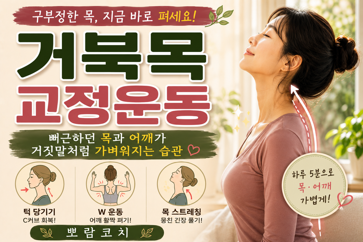 따스한 햇살이 드는 아늑한 거실에서 바른 자세로 앉아 목 스트레칭을 하고 있는 편안한 모습