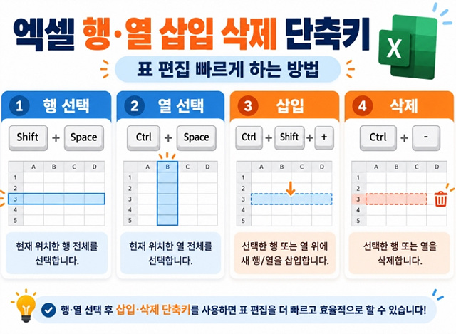 엑셀 행·열 삽입 삭제 단축키|표 편집 빠르게 하는 방법