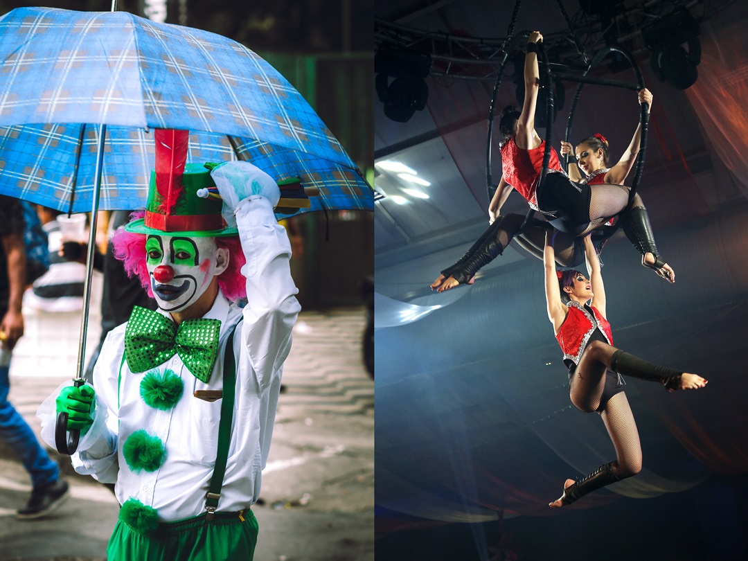 왼쪽은 태양의 서커스 광대분장을 하고 우산을 들고 있는 모습과 오른쪽은 3명의 여성이 공중에서 링위와 아래에서 곡예를 하는 사진