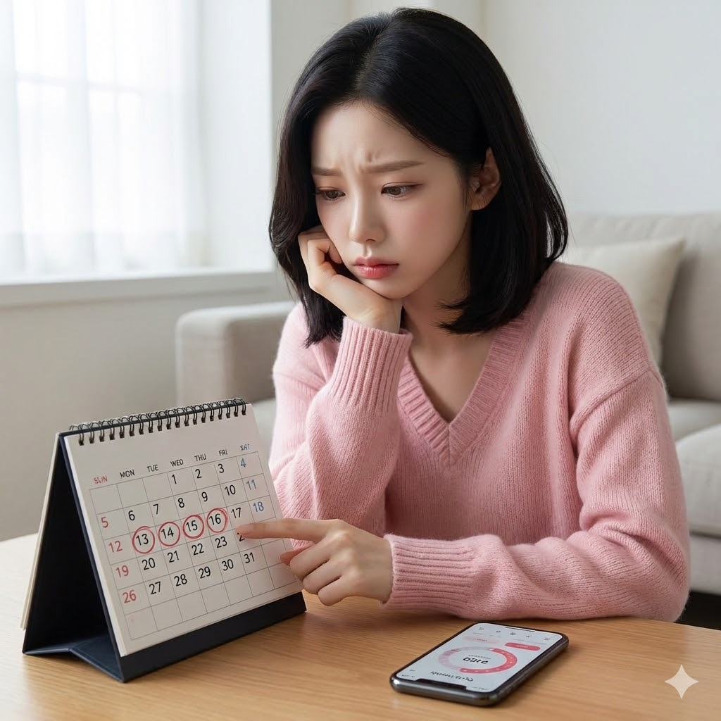 생리불순으로 캘린더를 보며 고민하는 여성 사진