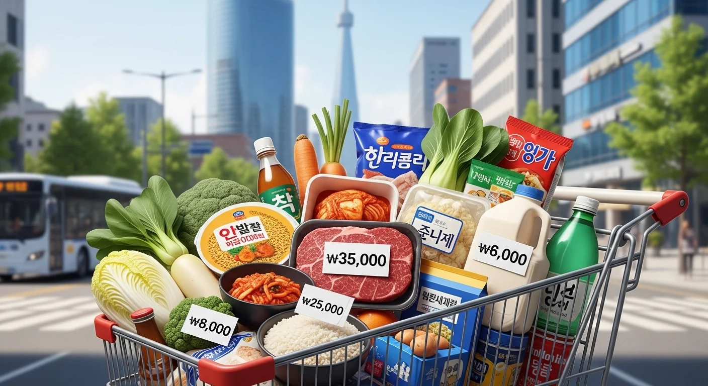 물가 상승으로 장바구니에 담긴 식료품 가격이 크게 오른 모습, 현대 한국인의 생활 속 인플레이션 압박을 상징