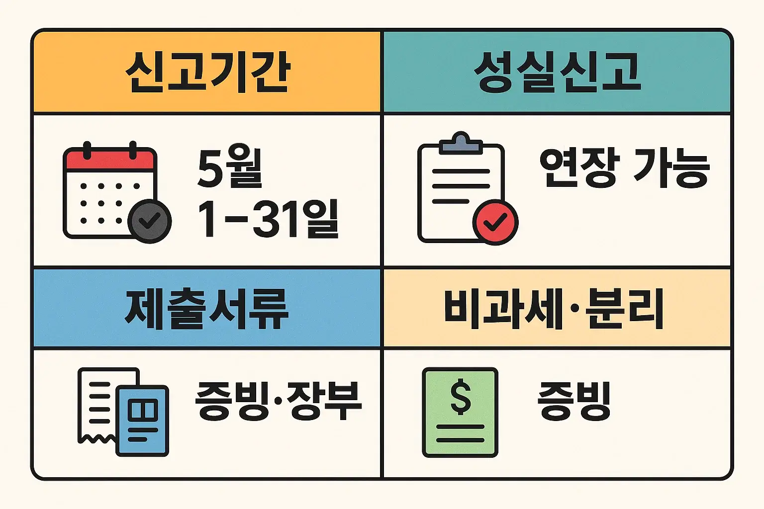 종합소득세 신고기간은 매년 5월 1일부터 31일까지이며 성실신고 시 연장 가능, 제출서류에는 증빙&middot;장부가 포함되며 비과세&middot;분리소득 증빙 제출 관련 정보를 담은 인포그래픽입니다.