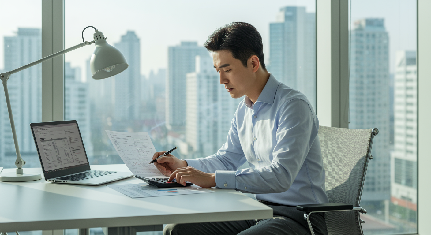 남자가 세금 계산을 하고있다.