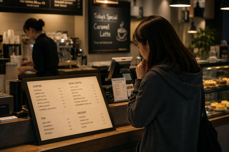 피곤한 저녁 시간대 카페에서 손님이 메뉴판을 보며 주문하고 있는 장면, 따뜻한 조명 아래 카운터 앞에서 주문이 진행되는 모습