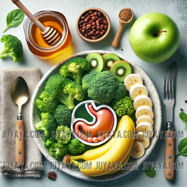 건강한 식단을 상징하는 접시에 브로콜리, 바나나, 꿀이 담긴 모습, 위 건강을 강조하는 깔끔하고 맛있어 보이는 장면.