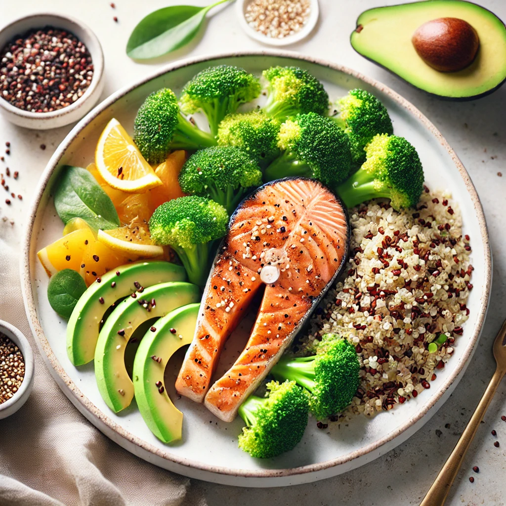 연어스테이크가 있는 식이요법 요리가 담긴 접시