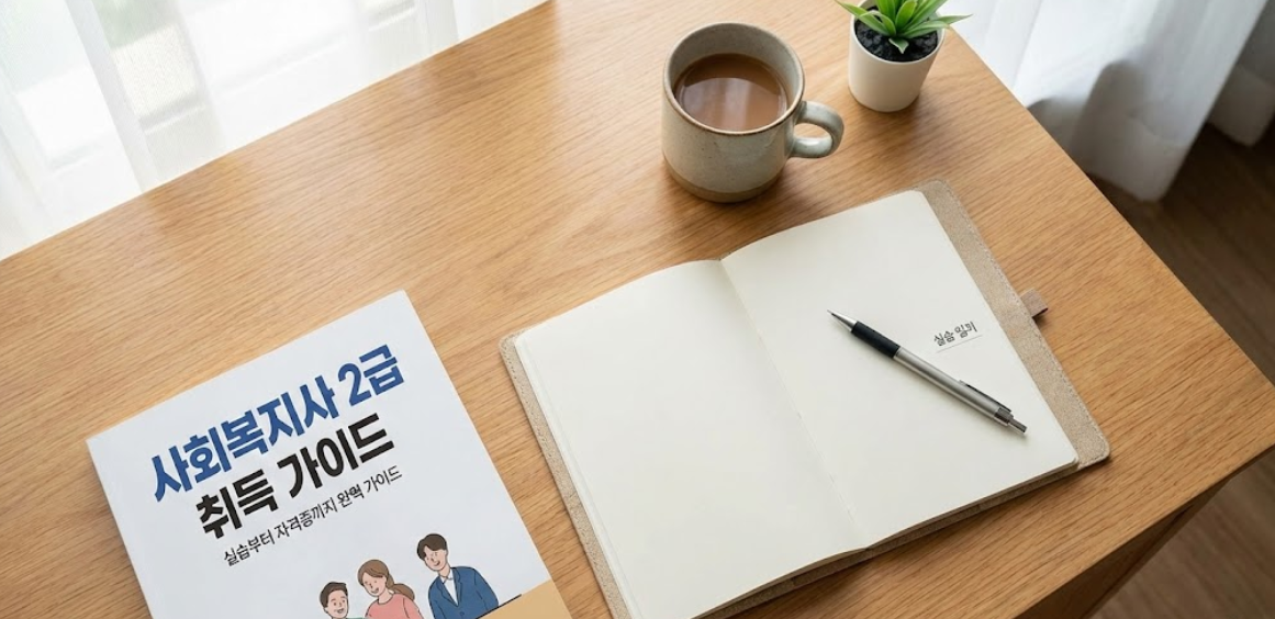 사회복지사 자격증과 실습 일지 양식이 놓여 있는 책상