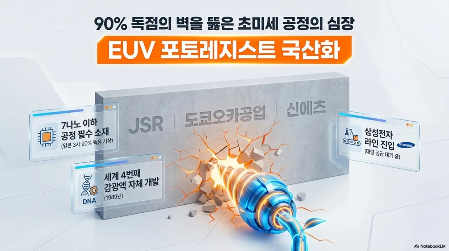 동진쎄미켐 주가 전망: 동진쎄미켐이 일본 3사(JSR·도쿄오카공업·신에츠)가 90% 독점하던 EUV 포토레지스트를 국산화하고 삼성전자 라인에 진입한 핵심 모멘텀을 표현한 이미지