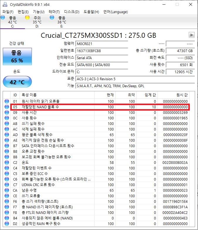 CrystalDiskInfo 재할당된 NAND 블록 수 및 SSD 배드섹터 수명 판독법