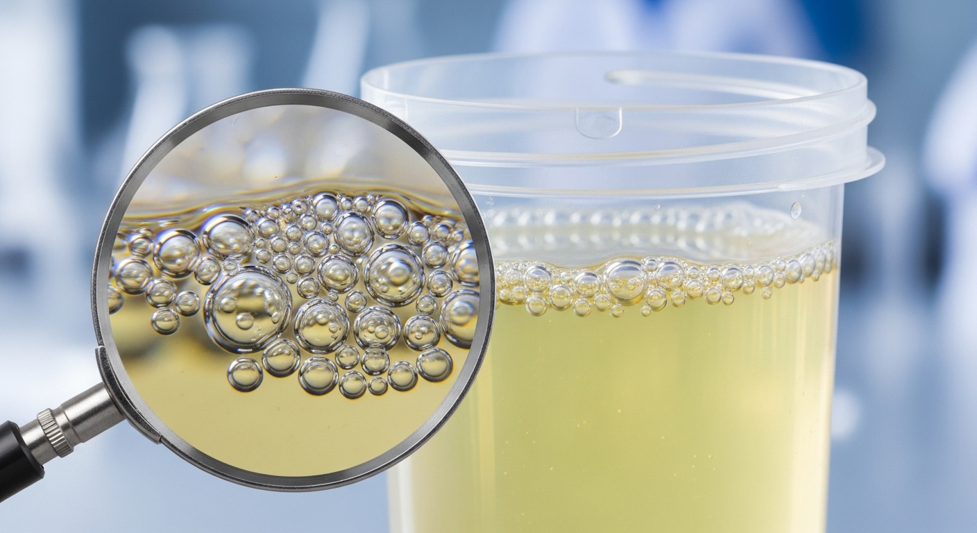 투명 용기에 담긴 소변 표면에 거품이 지속적으로 떠 있는 모습과 확대경.