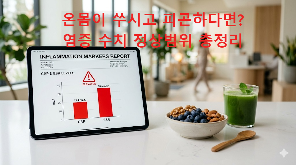 2026 염증 수치(CRP, ESR) 정상범위와 염증에 좋은 음식을 설명하는 건강 정보 이미지